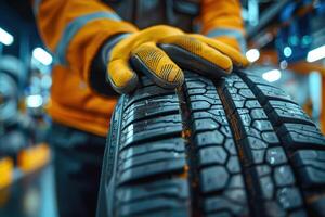 AI generated A man in orange work clothes and yellow protective gloves rolls car tire through the factory warehouse. photo