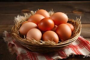 ai generado Pascua de Resurrección huevos en un nido cesta en un rojo y blanco paño en un de madera mesa foto