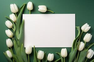 AI generated mockup white blank paper sheet with white tulips flowers top view on green background, floral template empty card flat lay for design with copy space photo