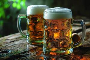 AI generated closeup two mugs of beer with foam on a wooden board on blurred green background photo