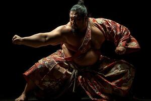 AI generated powerful sumo wrestler in fighting pose on black background photo