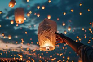 ai generado manos lanzamiento un chino papel tradicional linterna dentro el noche cielo foto