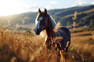 AI generated closeup brown horse stands in a field or pasture on a sunny summer day photo