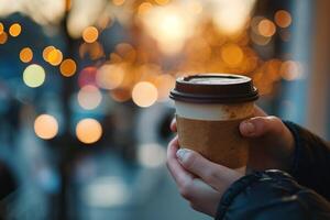 AI generated closeup of hands holding a paper cup of hot drink takeaway coffee or tea on cold evening city street blurred bokeh background photo