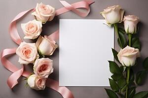 ai generado Bosquejo blanco blanco papel sábana con rosas parte superior vista, modelo vacío tarjeta plano laico con Copiar espacio foto