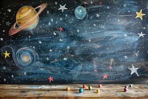 AI generated Abstract background with planets and stars drawn with pastel chalks on a board standing on a wooden table with colorful balls photo