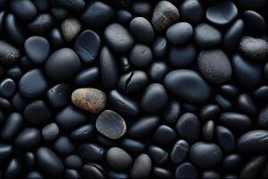 AI generated dark pebbles texture background, closeup black smooth stones photo