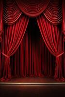 AI generated vertical scene background, red curtain on stage of theater or cinema slightly ajar photo