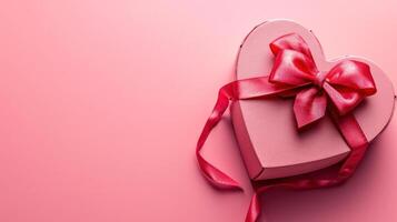 AI generated Heart shape gift box with ribbon on pink background png photo
