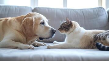 ai generado perro y gato tendido en el cama juntos foto