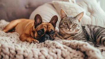 AI generated dog and cat laying on the bed together photo