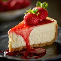 AI generated Cheesecake with strawberry sauce photo