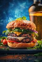 AI generated Hamburger on wooden table photo