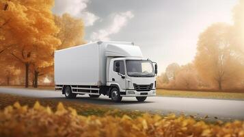 AI generated White truck mowing on the autumn countryside road. Generative ai photo