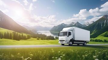 AI generated White truck mowing on picturesque landscape summer road. Delivery concept. Generative ai. photo