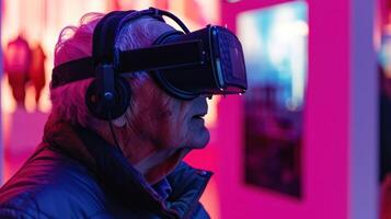 AI generated elderly donning a headset and engaging with the digital realm photo