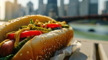 AI generated shot of hot dog against a city skyline photo