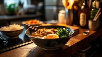 AI generated Chicken Ramen on a cozy kitchen counter photo