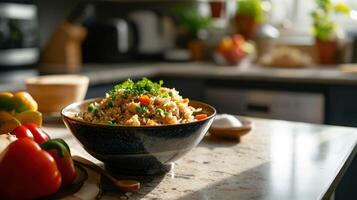 AI generated Chicken Fried Rice against a serene kitchen counter photo