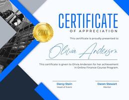 Blue Gray Modern Finance Certificate of Appreciation template