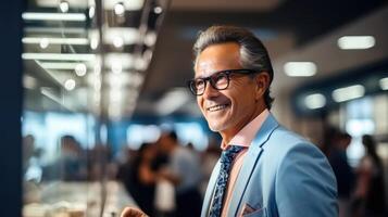 ai generado profesional empresario - sonriente hombre en negocio traje y lentes foto