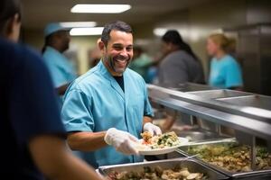 ai generado sonriente comida Servicio trabajador en uniforme a público cantina foto