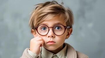 AI generated Portrait of a Thoughtful Young Boy Gazing into the Lens photo