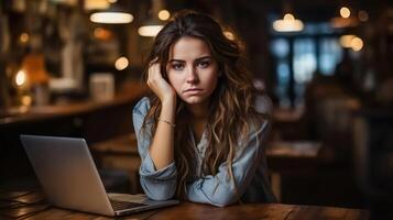 AI generated Overworked Young Professional sitting at Laptop photo