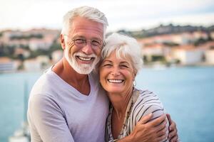 ai generado mayor romance - europeo Pareja compartiendo amor y alegría foto