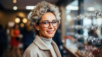 AI generated Sophisticated Eyewear Shopping - Elegant Woman Choosing Glasses photo