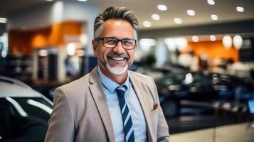 AI generated Retail Success - Smiling Representative in Business Attire at car showroom photo