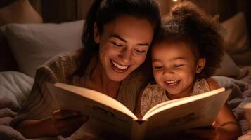 ai generado materno alegría - madre y hija compartir un libro en cama foto