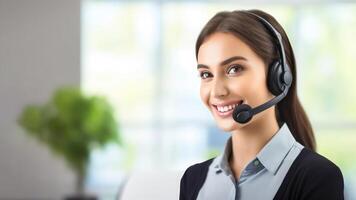 AI generated Friendly Call Center Assistance - Pretty Girl with Headphones and Microphone photo