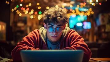 AI generated Focused Young Student Engrossed in Laptop Studies photo