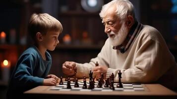 ai generado intergeneracional unión - mayor hombre enseñando nieto a jugar ajedrez foto