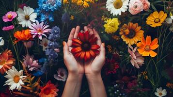 AI generated Pair of hands gently holds a vibrant red flower amidst a colorful array of blossoms. Beauty of blooming summer flowers. Care and connection to nature concept. photo