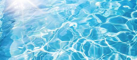 AI generated Clear blue water background with sunlight reflecting off its surface. Gentle ripples, intricate patterns. Relaxation, wellness, pool party concept. photo