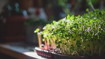 AI generated Thriving pot of microgreens in soft artificial light. Modern indoor organic gardening concept. Blurred background. photo