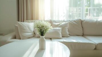 AI generated Living room interior design with white vase of blooming spring flowers on a table, Cozy sofa and greenery in natural light. Home decor inspiration or relaxation concept. photo