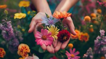 AI generated Pair of woman hands gently holds mix of summer flowers amidst a colorful array of blossoms. Beauty of blooming summer flowers. Care and connection to nature concept. photo