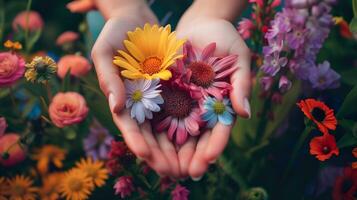 ai generado mujer manos participación un vibrante mezcla de verano flores en un lozano jardín, amarillo flores, rosado margaritas antecedentes foto