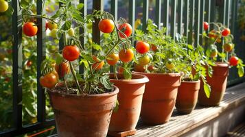 ai generado en conserva tomate plantas en terracota ollas en un madera superficie. hogar jardín. jardinería, plantando, de cosecha propia concepto. foto