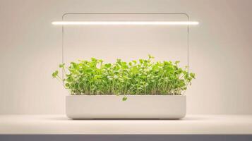 AI generated Well-maintained indoor garden illuminated by a specialized grow light. Various green plants, microgreens thrive under this artificial lighting. Minimal background. photo