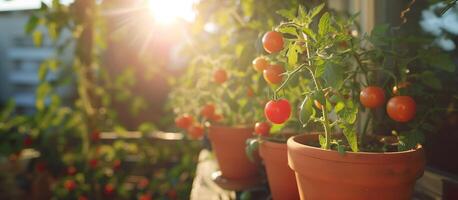 AI generated Ripe tomatoes in terracotta pots. Balcony in sunlight. Home garden. Gardening, planting, homegrown concept photo