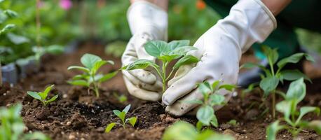 AI generated Closeup of hands in white gloves planting or caring for young green plants. Gardening tips, plant care, environmental conservation background. photo