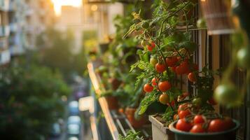 AI generated Ripe tomatoes growing in pots on a city balcony at sunset, sustainable living and home gardening in urban environments. photo