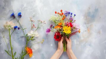 AI generated Hands hold a diverse bouquet of bright, blooming flowers with red, yellow, purple, white, and orange hues, set against a muted, textured background. photo