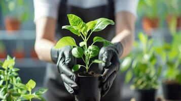 AI generated A person in gloves planting or caring for young green plant in pot. Gardening tips, plant care, environmental conservation background. photo