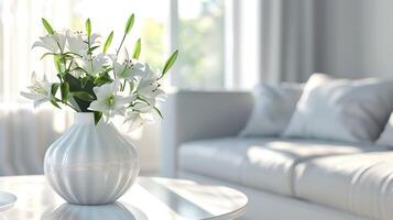 AI generated Closeup of white vase of fresh lilies on a table, living room interior design with cozy sofa and greenery background. Home decor inspiration. photo