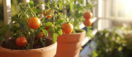 AI generated Ripe tomatoes in terracotta pots. Balcony, home garden. Gardening, planting, homegrown concept photo